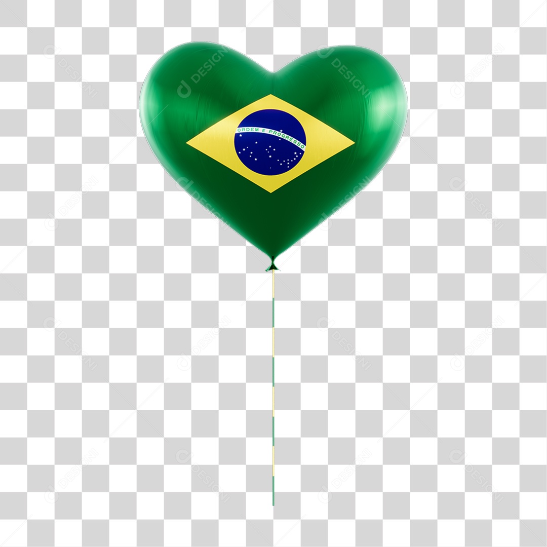 Elemento 3D Coração Balão Bandeira do Brasil para Composição PNG Transparente