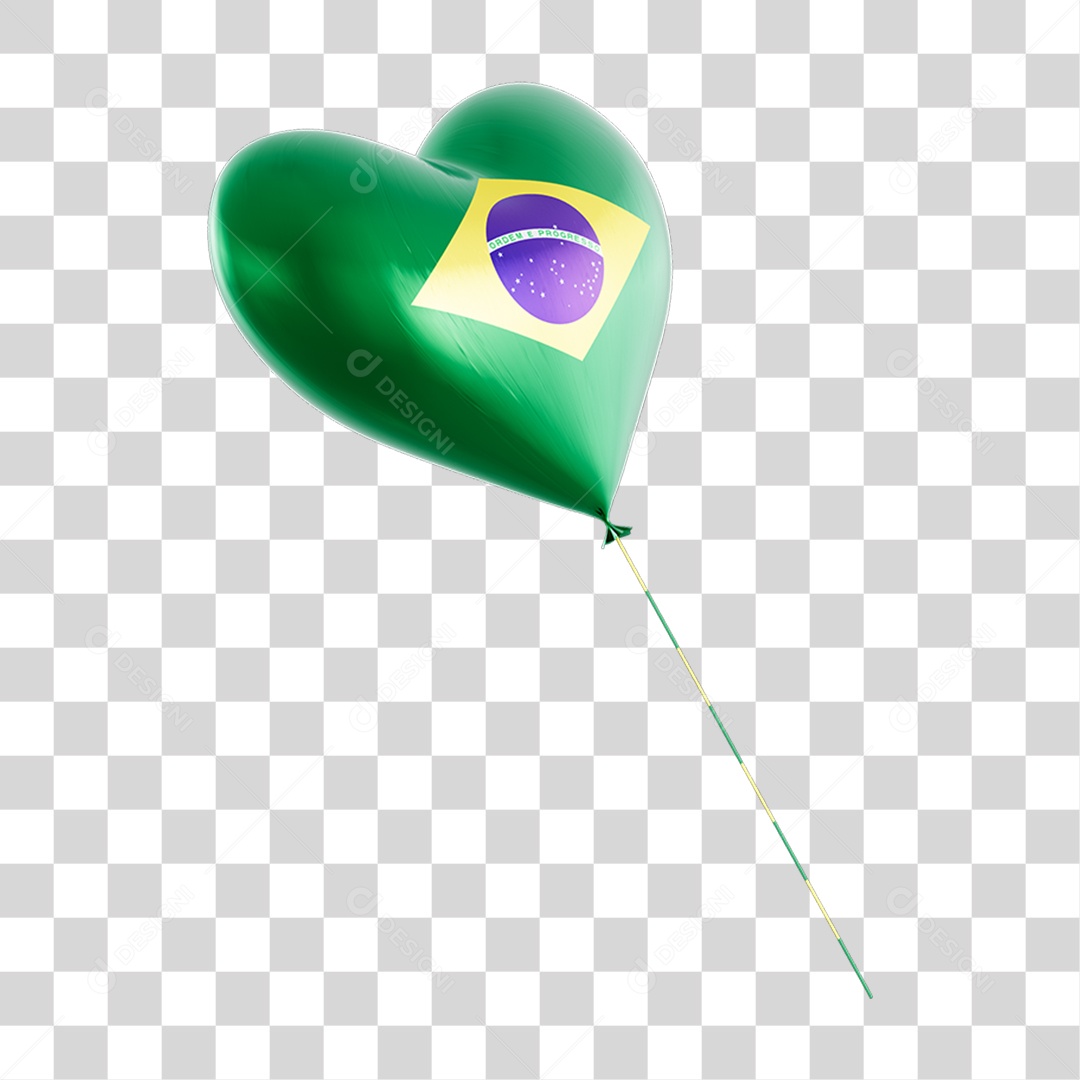 Elemento 3D Coração Balão Bandeira do Brasil para Composição PNG Transparente