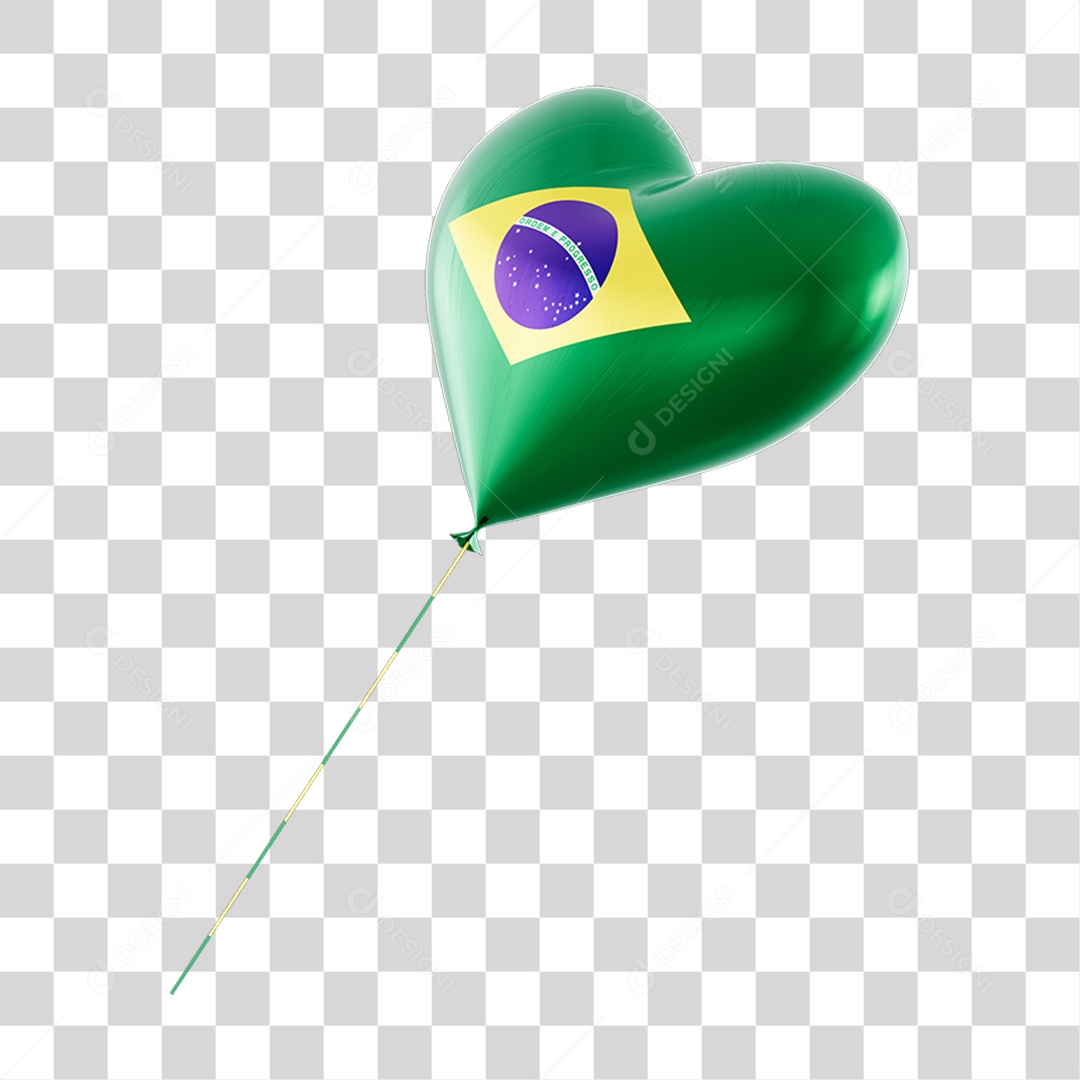 Elemento 3D Coração Balão Bandeira do Brasil para Composição PNG Transparente