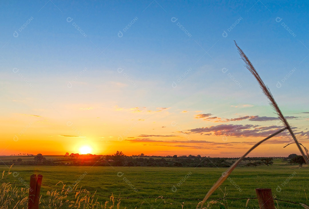 Dramático nascer do sol natural sobre o campo agrícola. Paisagem rural sob céu colorido cênico ao pôr do sol.