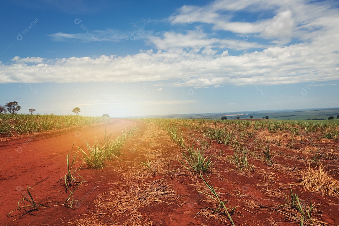 Linda plantação de cana-de-açúcar verde no céu azul nublado. Paisagem de campo cultivada em terras agrícolas no Brasil.