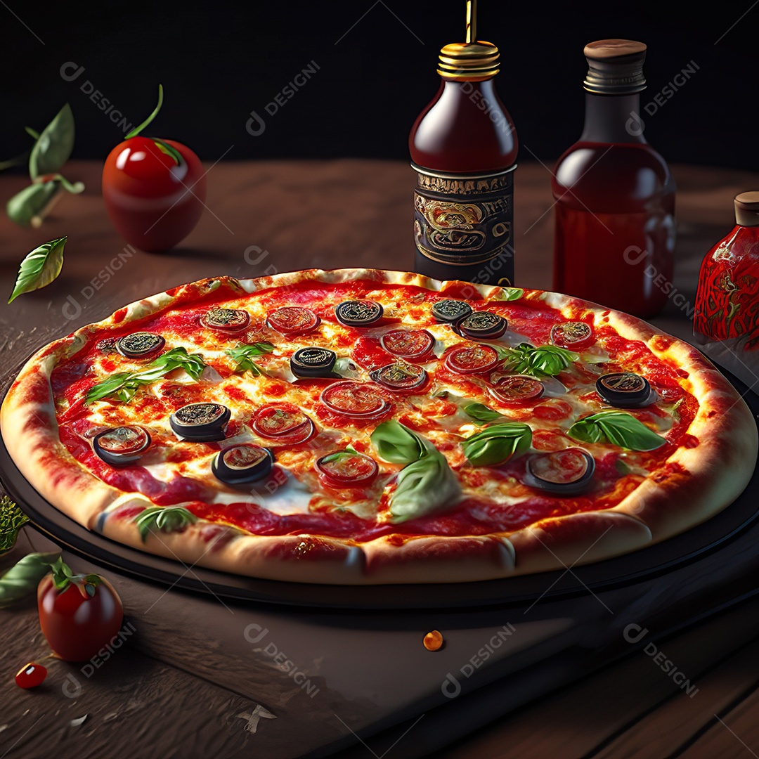 Retrato realista de pizza sobre uma mesa de madeira