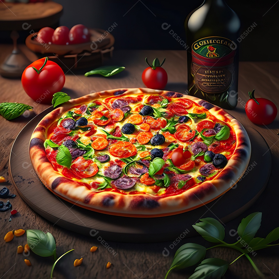 Retrato realista de pizza sobre uma mesa de madeira