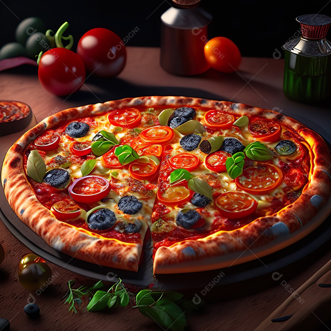 Retrato realista de pizza sobre uma mesa de madeira