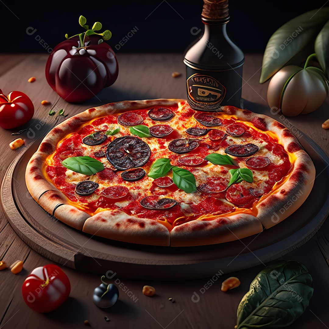 Retrato realista de pizza sobre uma mesa de madeira