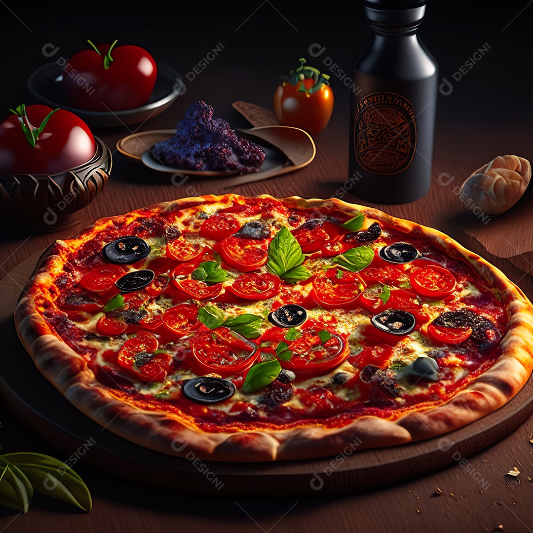 Retrato realista de pizza sobre uma mesa de madeira