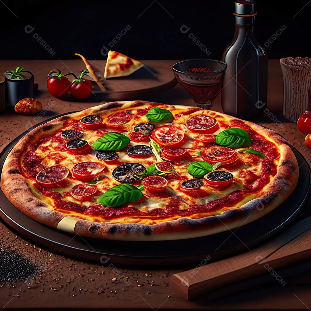 Retrato realista de pizza sobre uma mesa de madeira