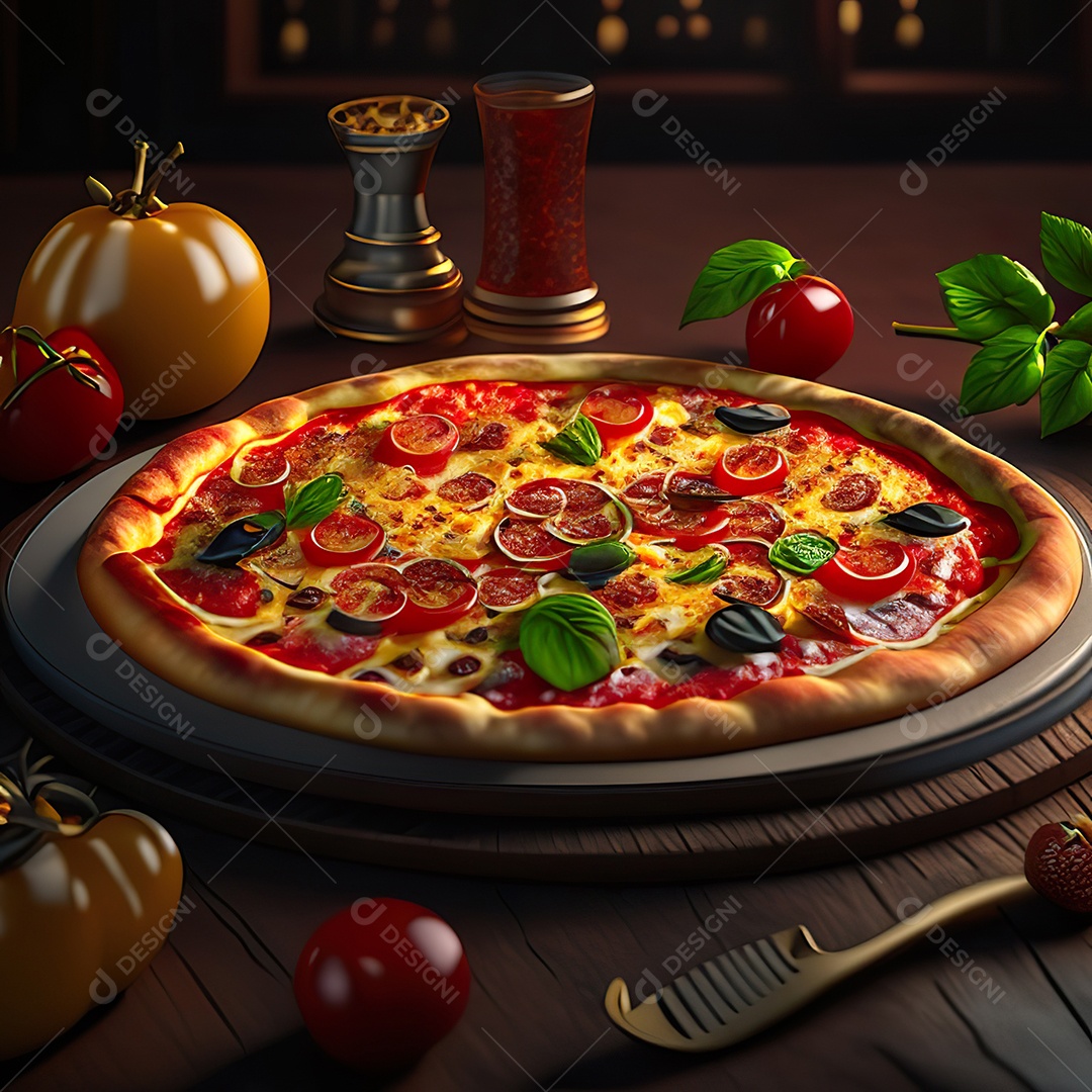 Retrato realista de pizza sobre uma mesa de madeira