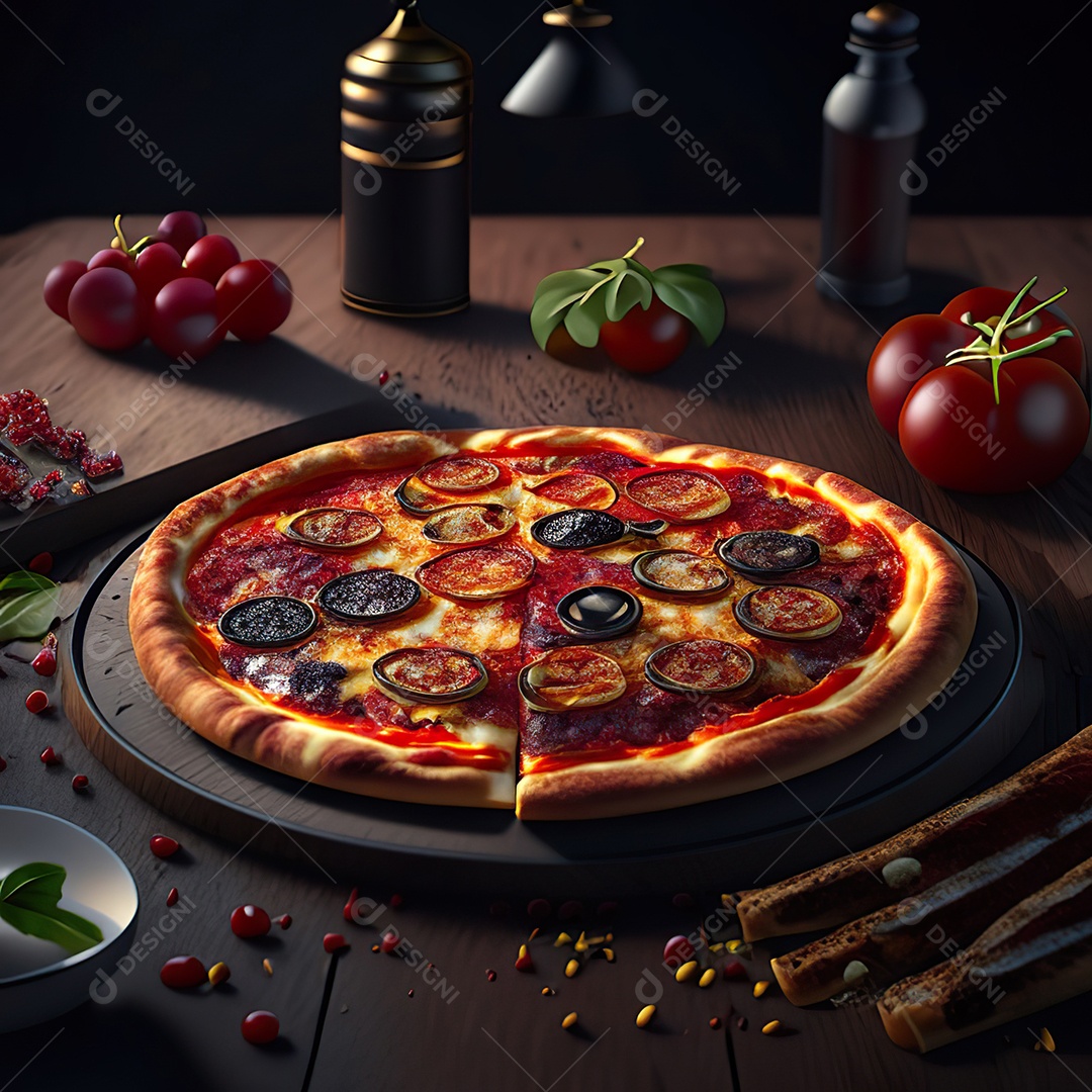 Retrato realista de pizza sobre uma mesa de madeira