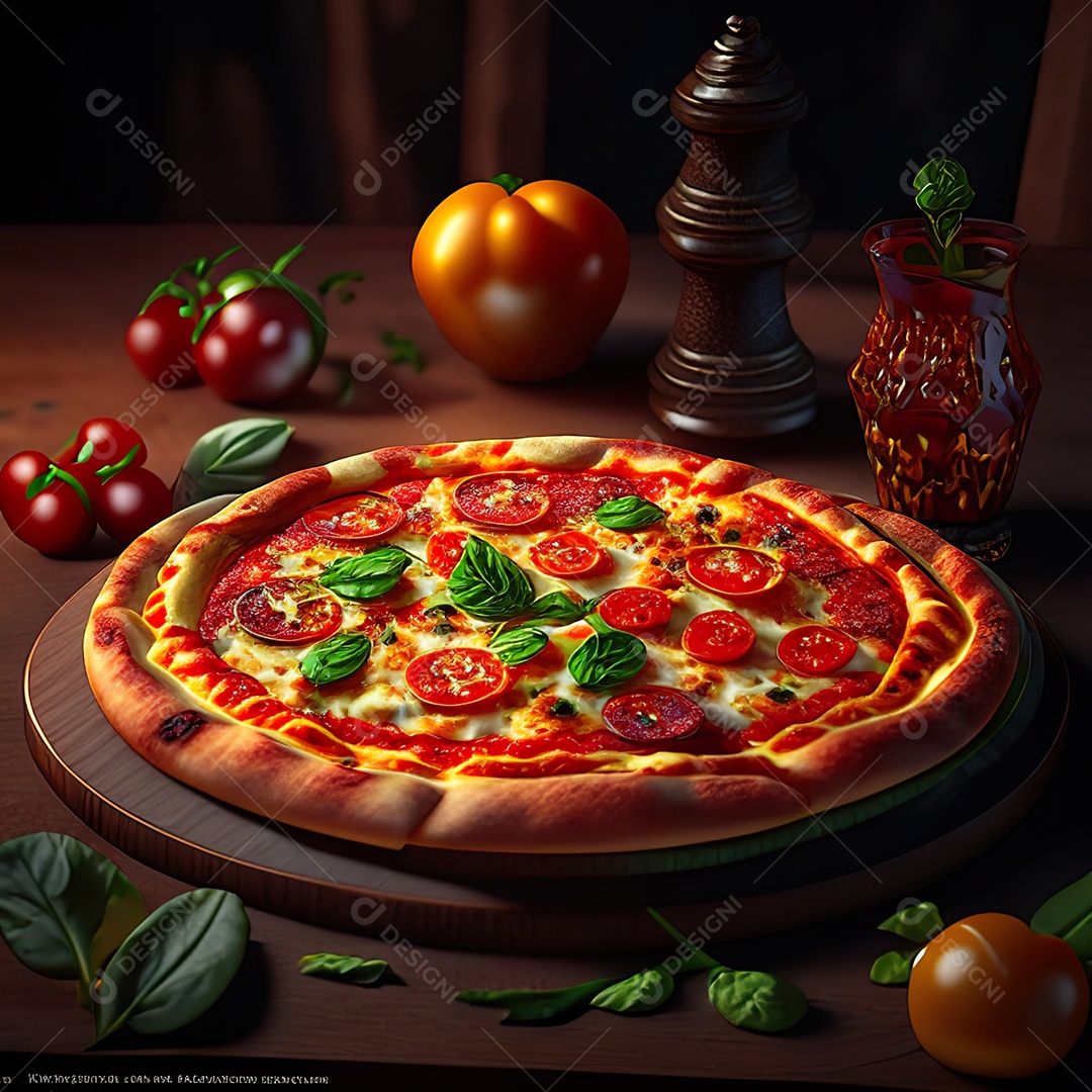Retrato realista de pizza sobre uma mesa de madeira