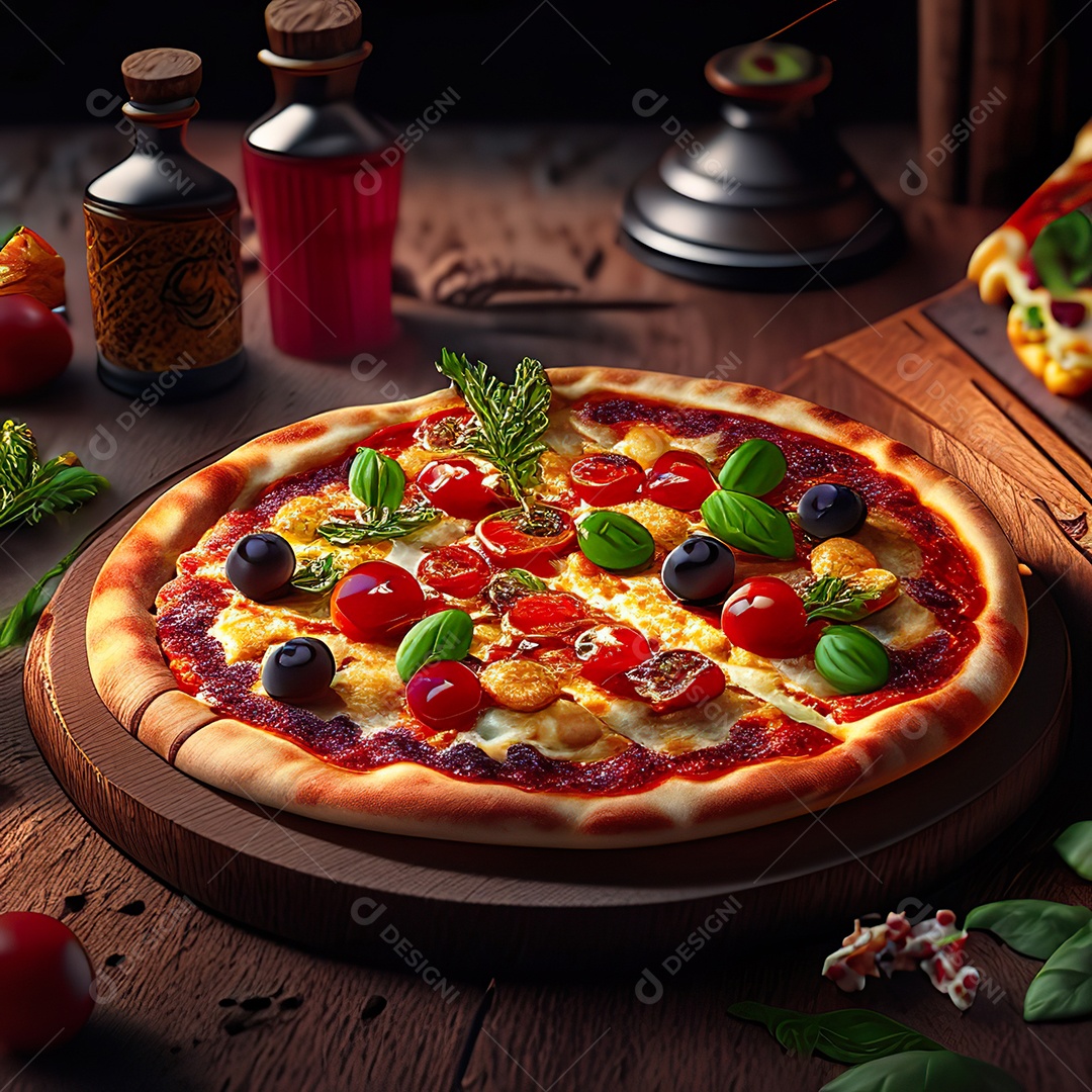 Retrato realista de pizza sobre uma mesa de madeira