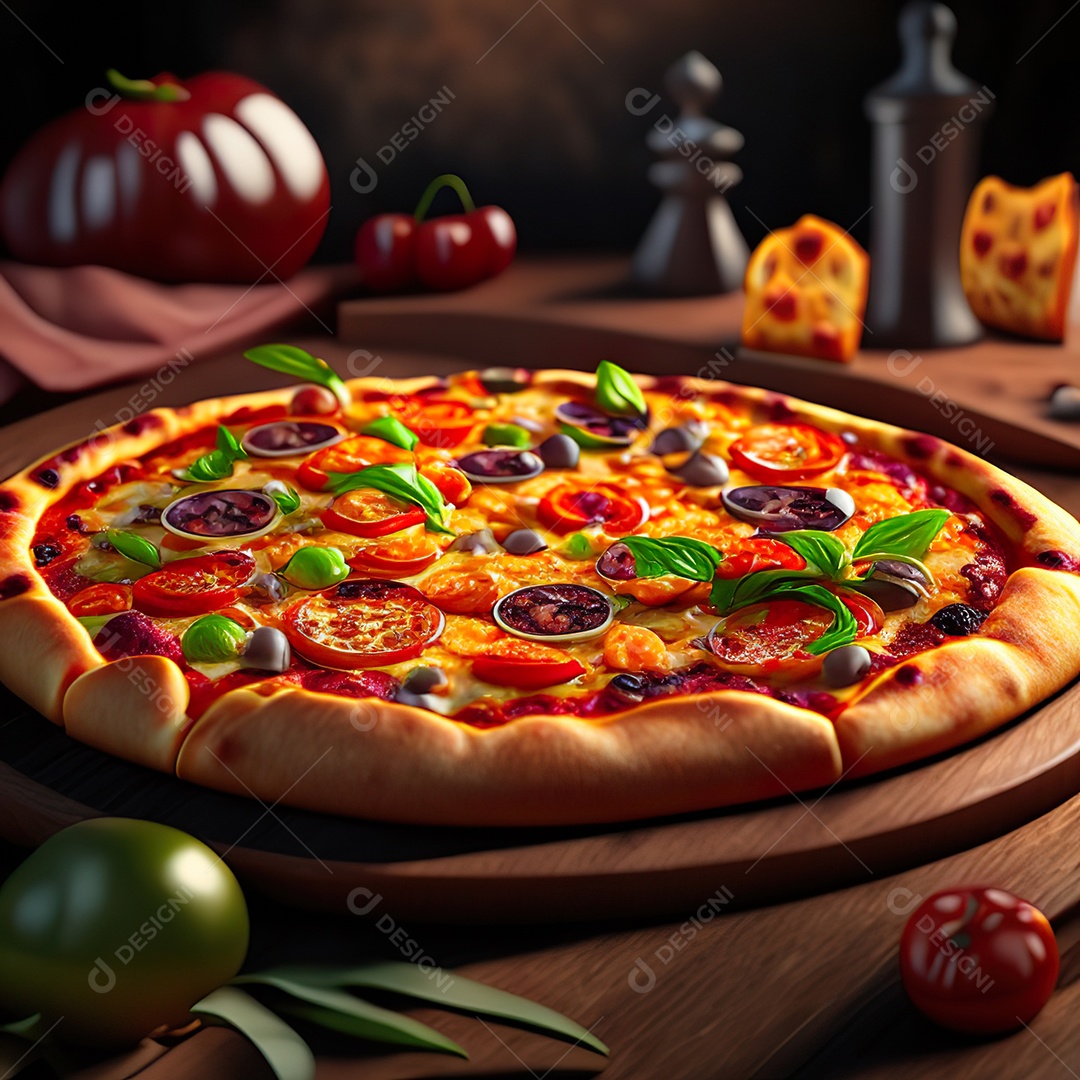 Retrato realista de pizza sobre uma mesa de madeira