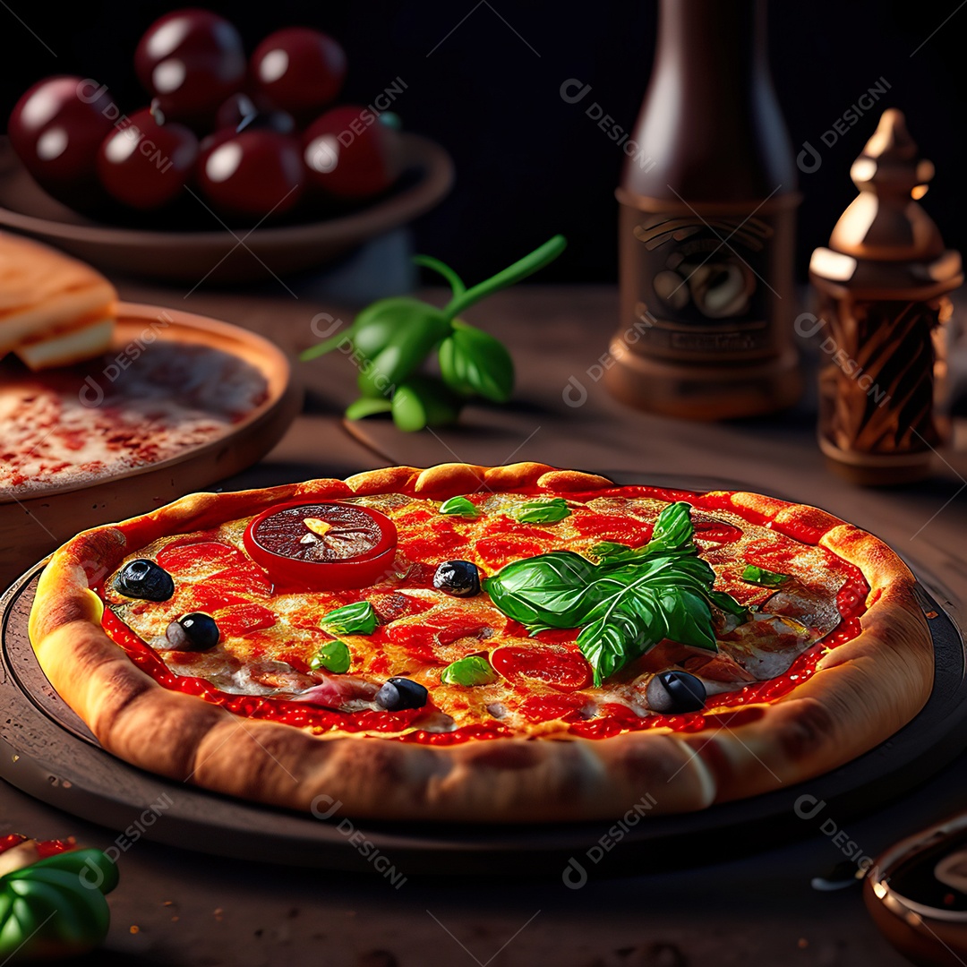 Retrato realista de pizza sobre uma mesa de madeira