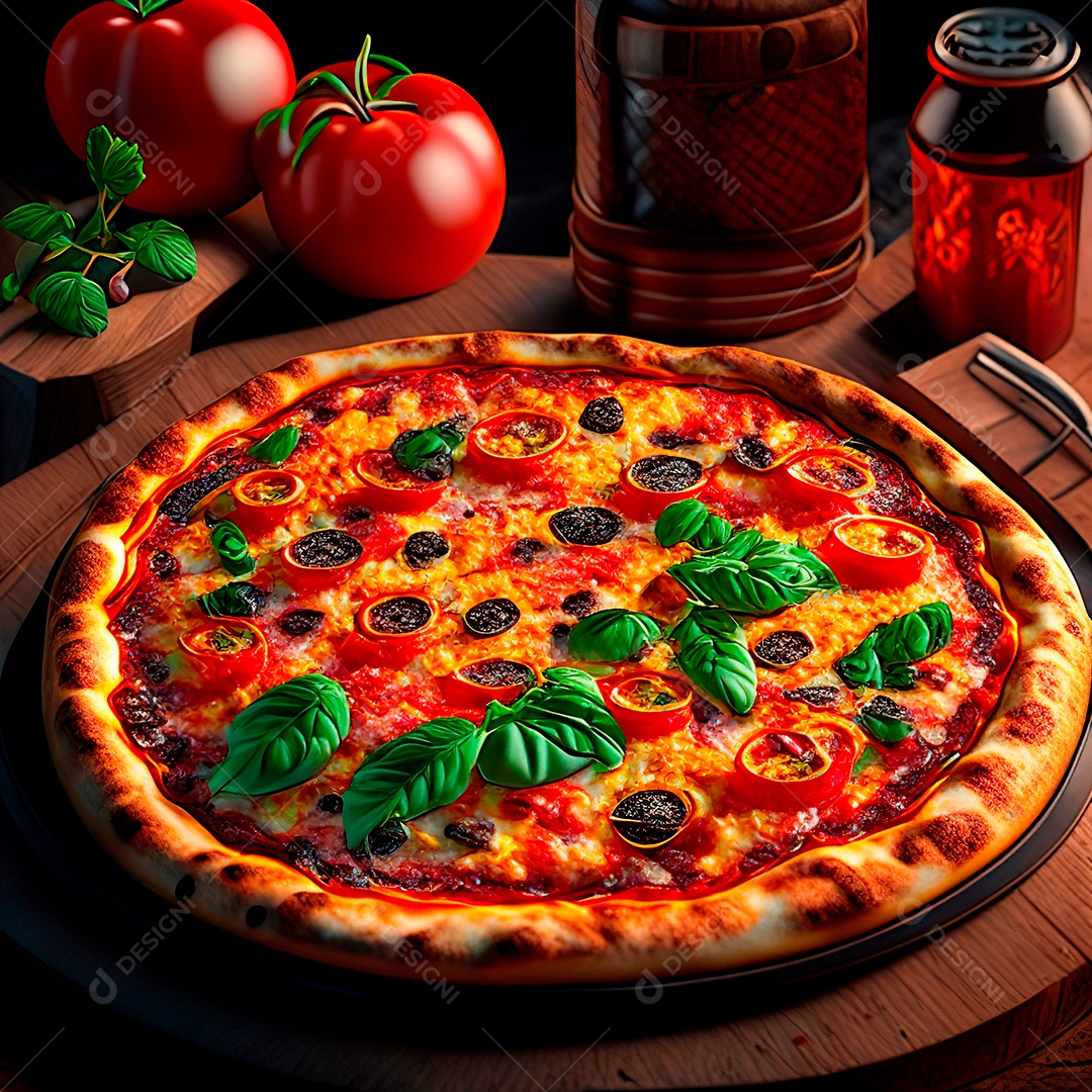 Retrato realista de pizza sobre uma mesa de madeira