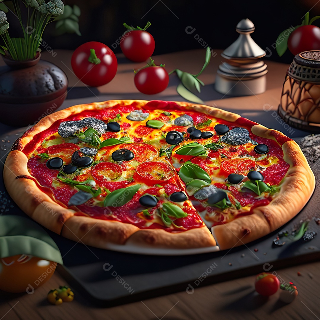 Retrato realista de pizza sobre uma mesa de madeira