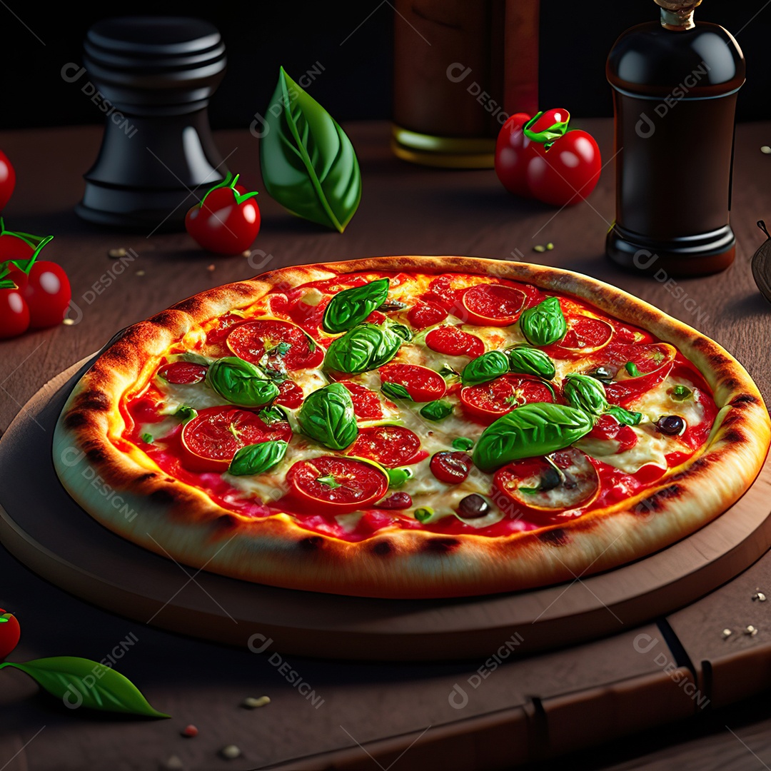 Retrato realista de pizza sobre uma mesa de madeira