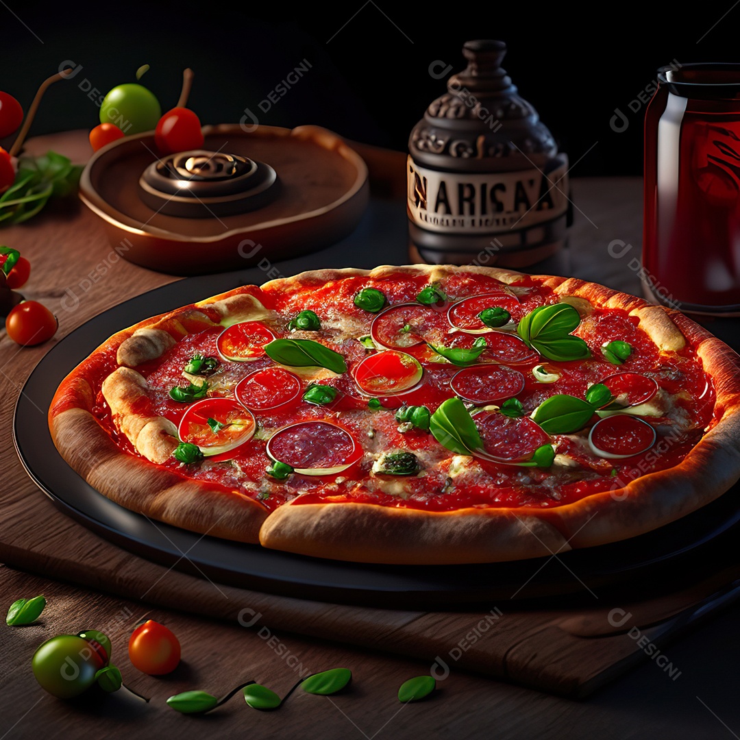 Retrato realista de pizza sobre uma mesa de madeira