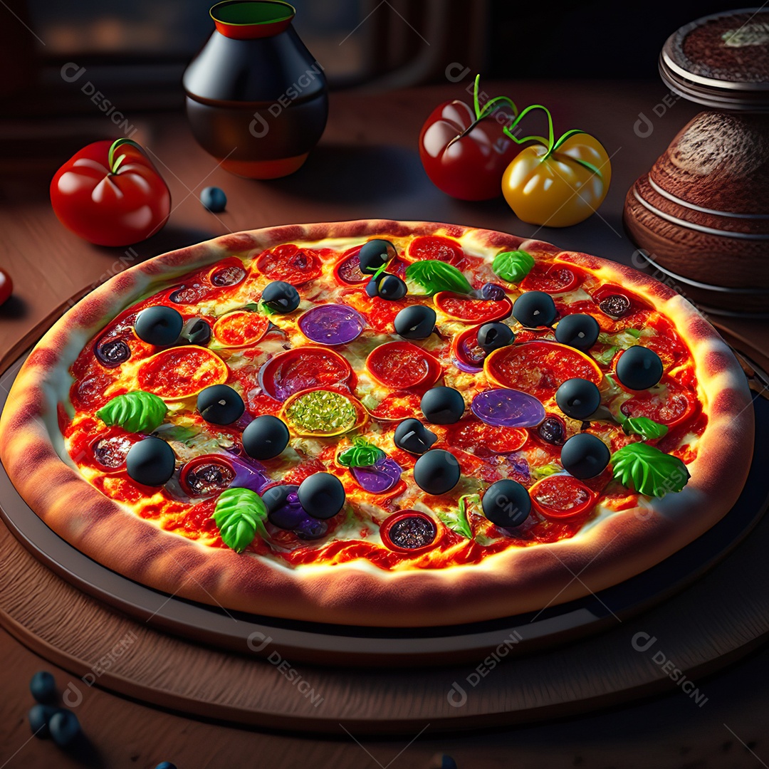 Retrato realista de pizza sobre uma mesa de madeira