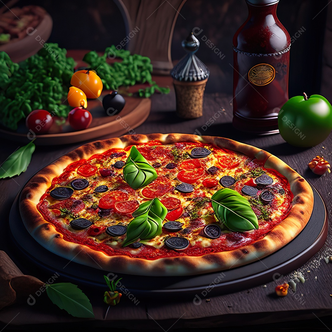 Retrato realista de pizza sobre uma mesa de madeira