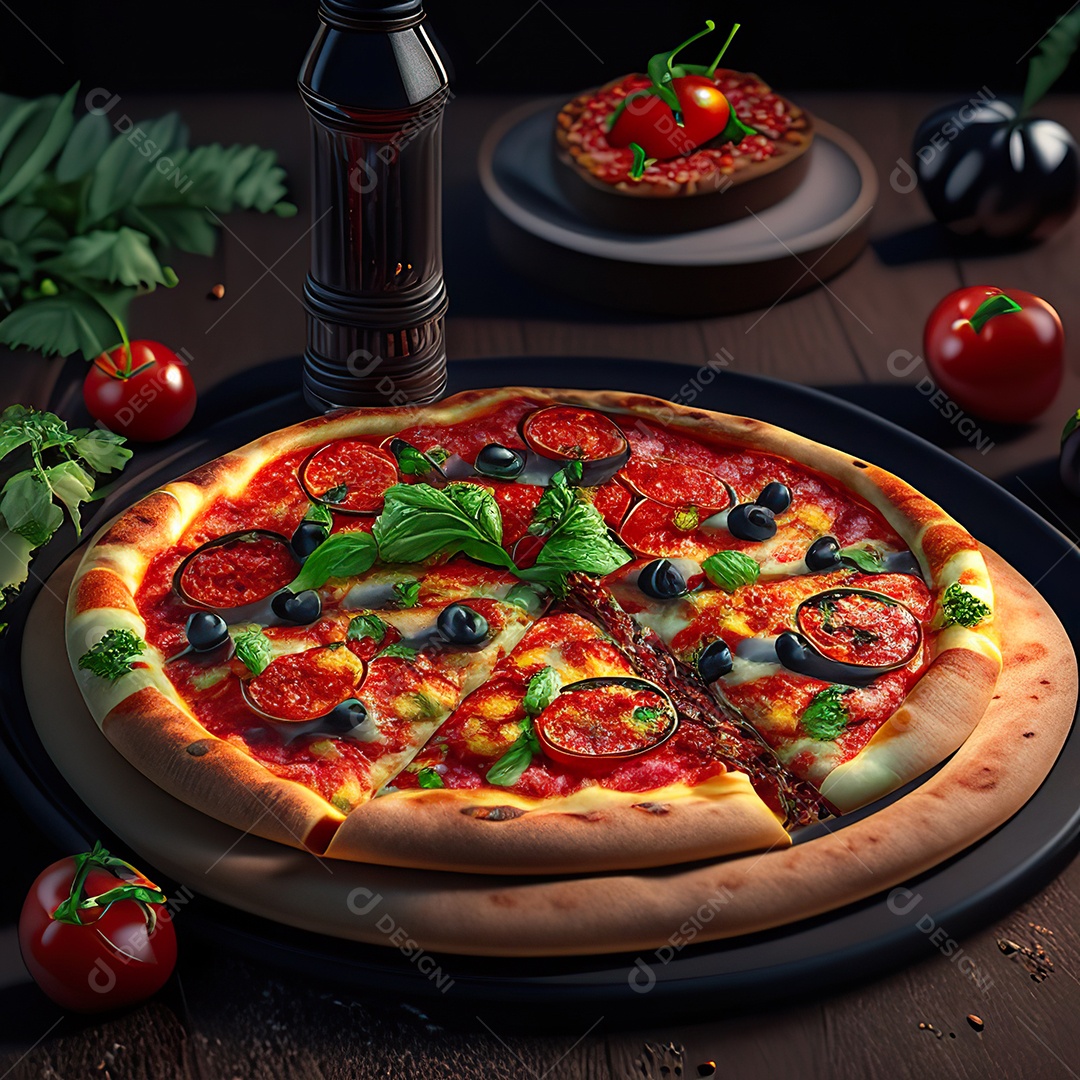 Retrato realista de pizza sobre uma mesa de madeira