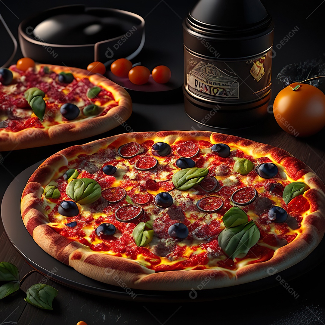 Retrato realista de pizza sobre uma mesa de madeira