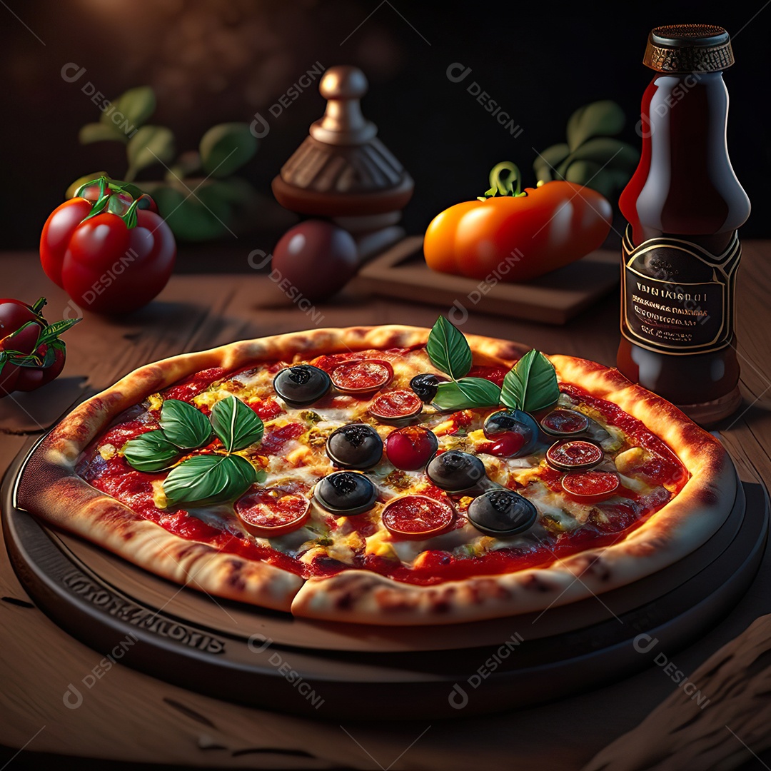 Retrato realista de pizza sobre uma mesa de madeira