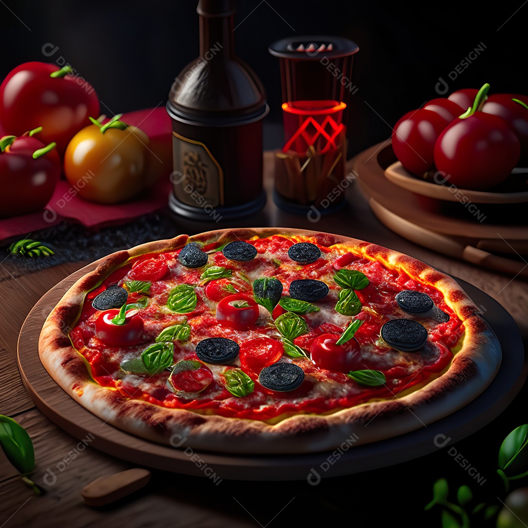 Retrato realista de pizza sobre uma mesa de madeira