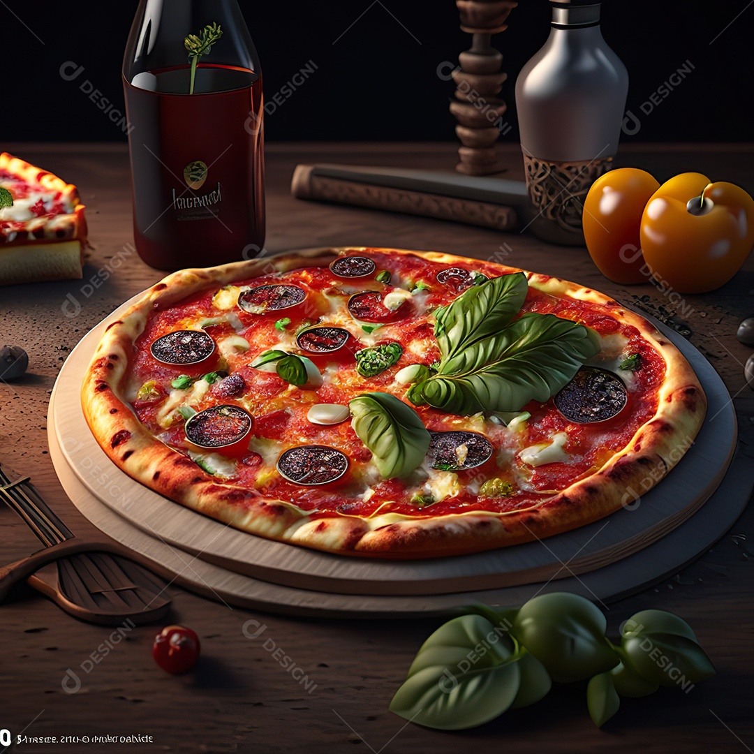 Retrato realista de pizza sobre uma mesa de madeira