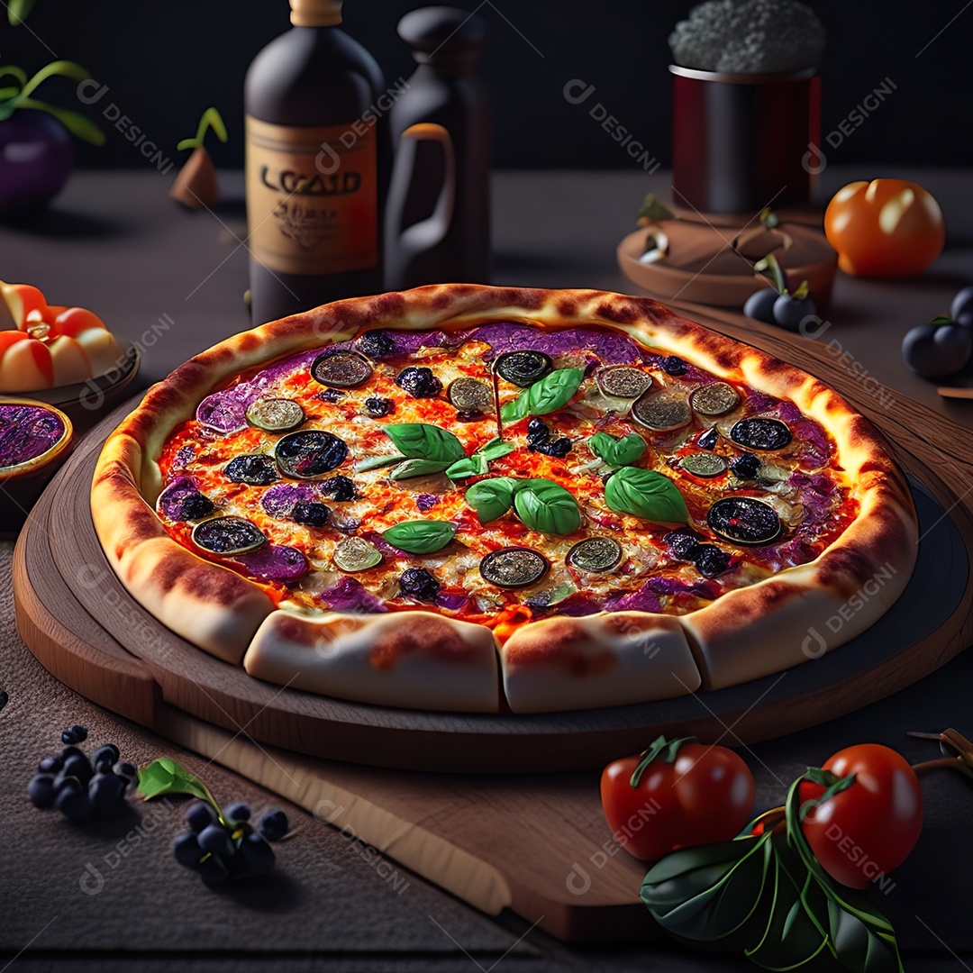 Retrato realista de pizza sobre uma mesa de madeira