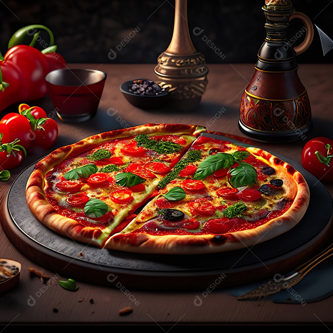 Retrato realista de pizza sobre uma mesa de madeira