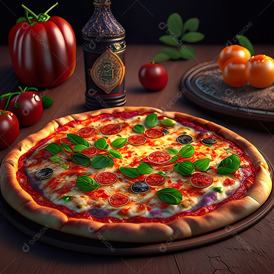 Retrato realista de pizza sobre uma mesa de madeira