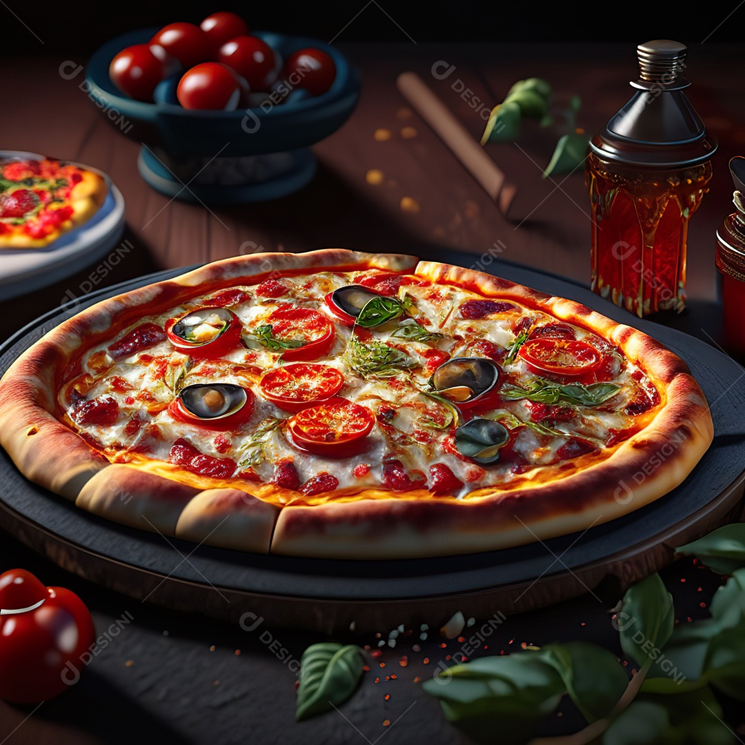 Retrato realista de pizza sobre uma mesa de madeira