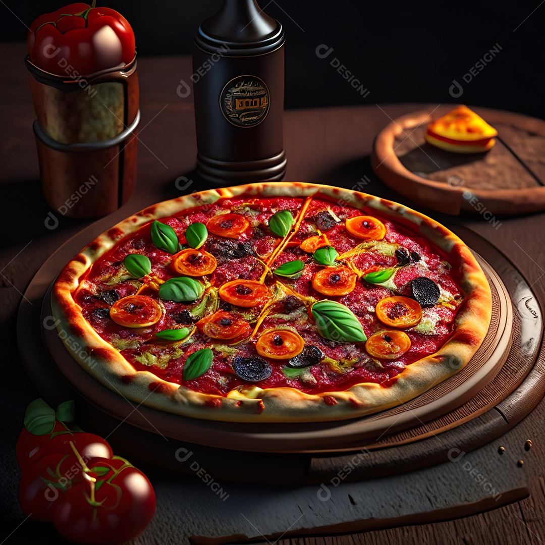 Retrato realista de pizza sobre uma mesa de madeira