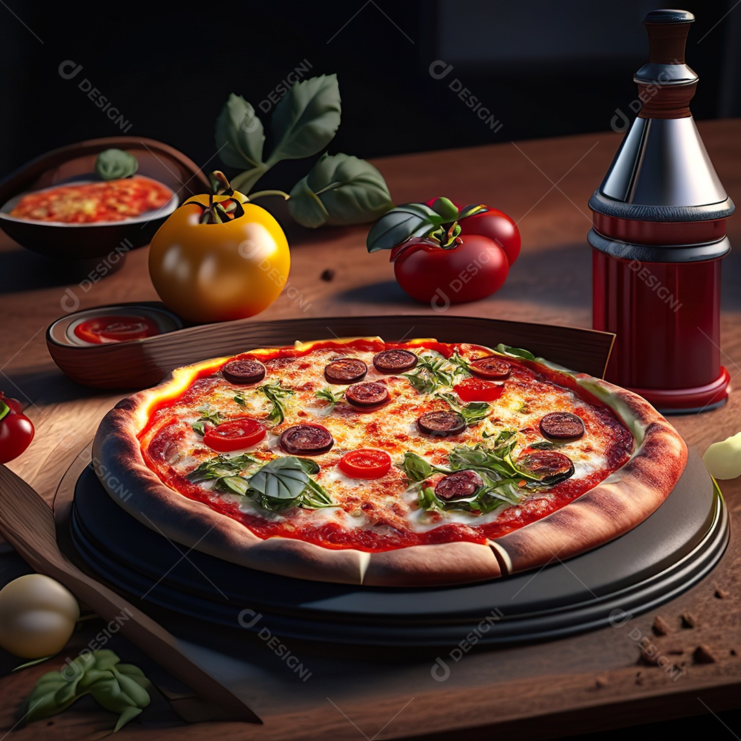 Retrato realista de pizza sobre uma mesa de madeira