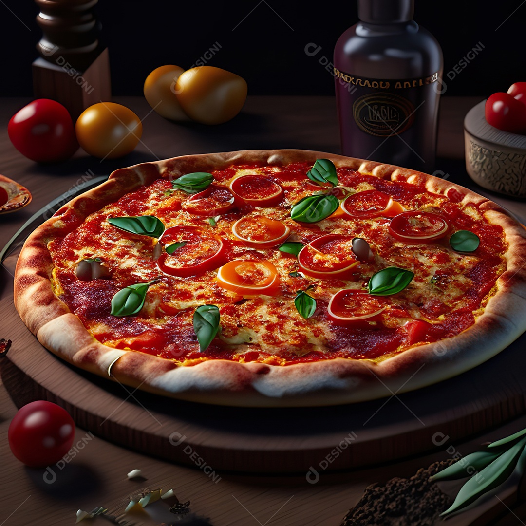 Retrato realista de pizza sobre uma mesa de madeira