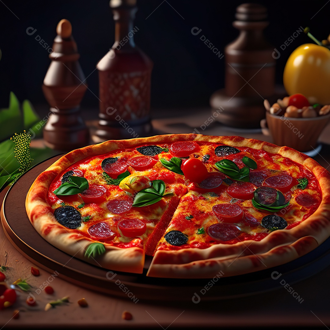 Retrato realista de pizza sobre uma mesa de madeira
