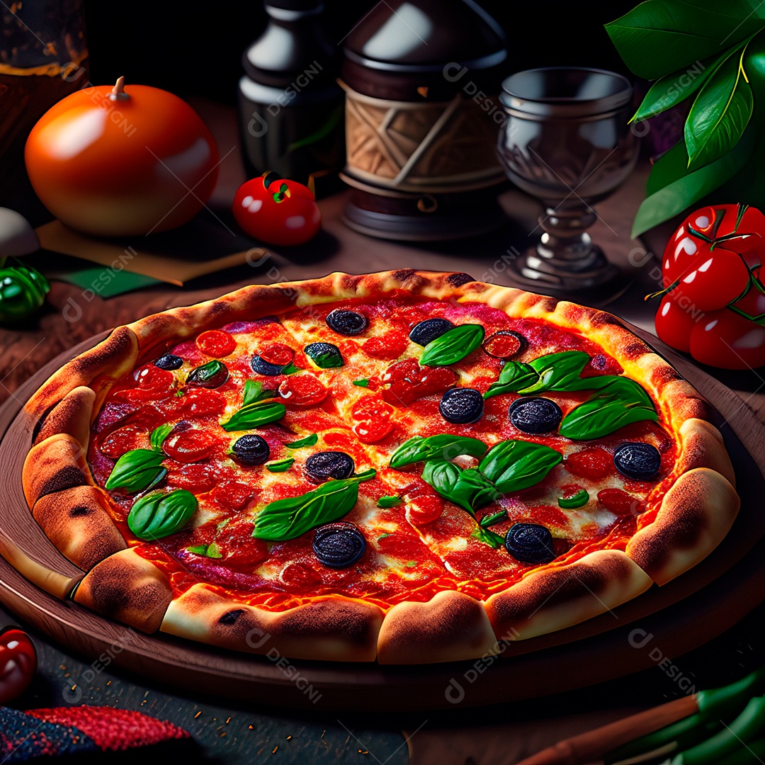 Retrato realista de pizza sobre uma mesa de madeira