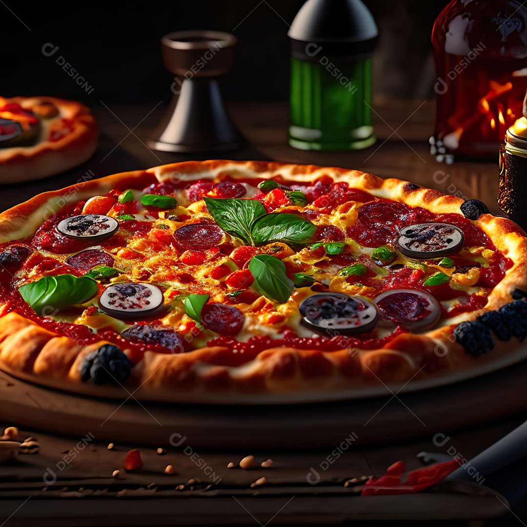 Retrato realista de pizza sobre uma mesa de madeira