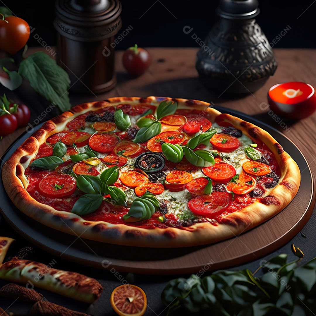 Retrato realista de pizza sobre uma mesa de madeira