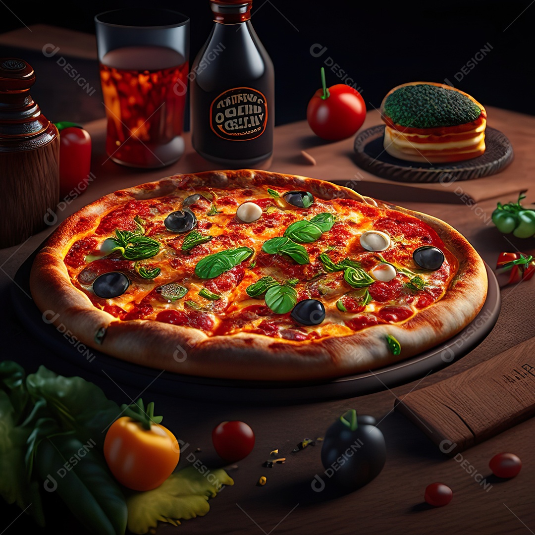 Retrato realista de pizza sobre uma mesa de madeira