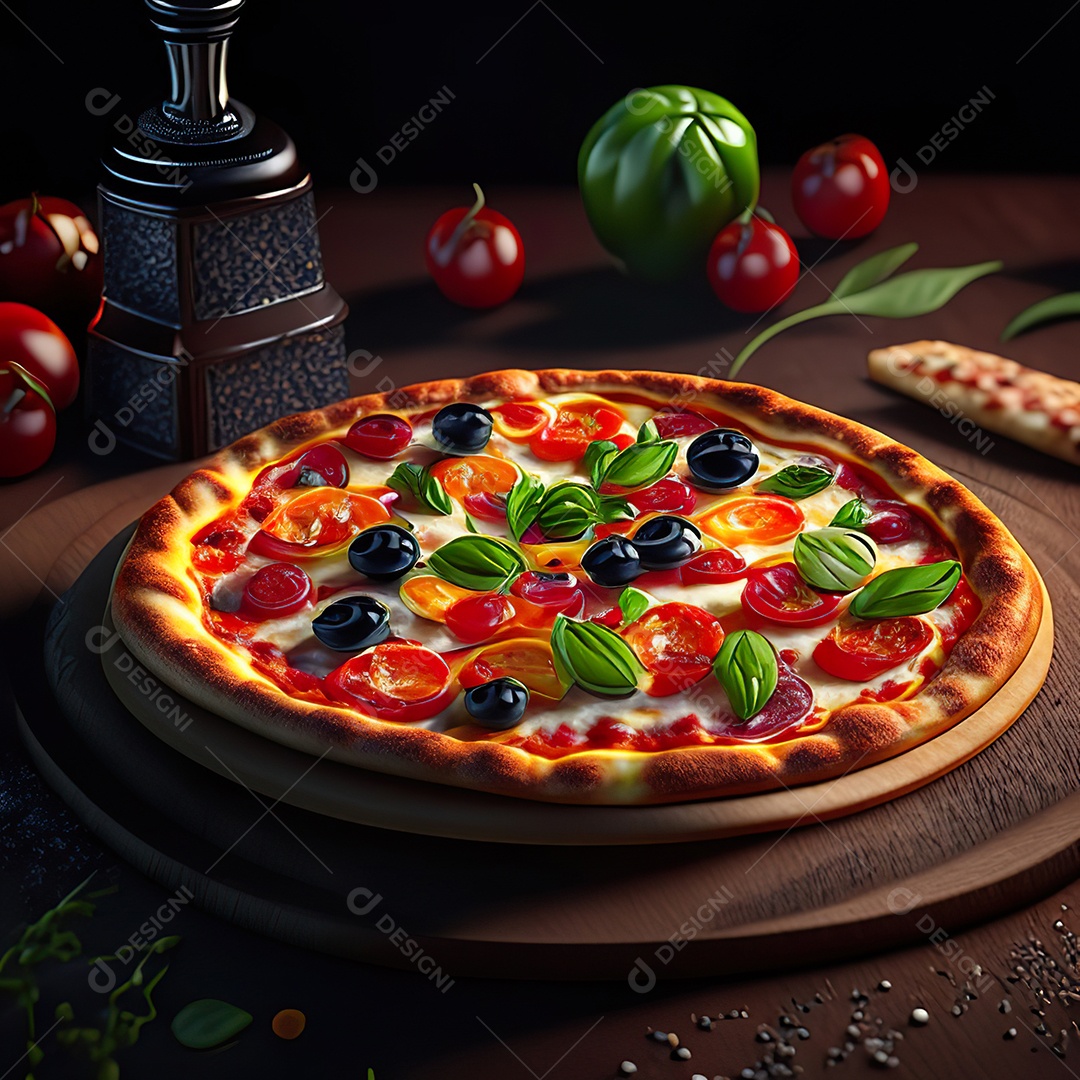 Retrato realista de pizza sobre uma mesa de madeira