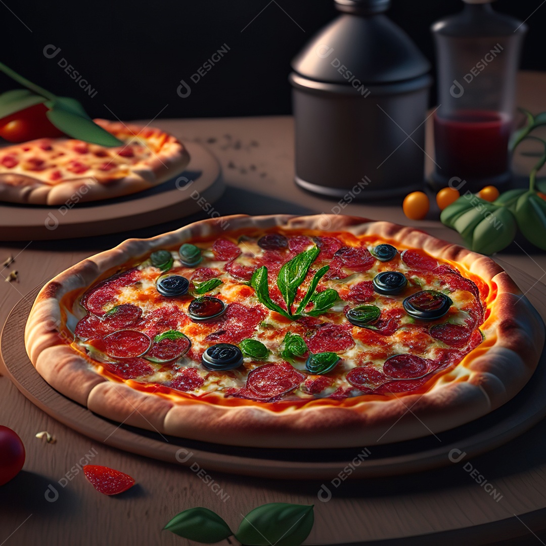 Retrato realista de pizza sobre uma mesa de madeira