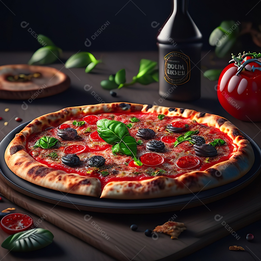 Retrato realista de pizza sobre uma mesa de madeira