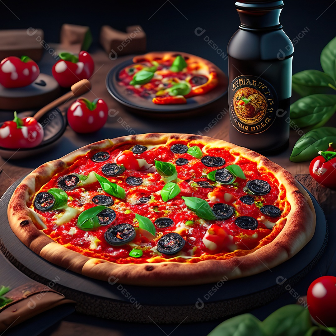 Retrato realista de pizza sobre uma mesa de madeira