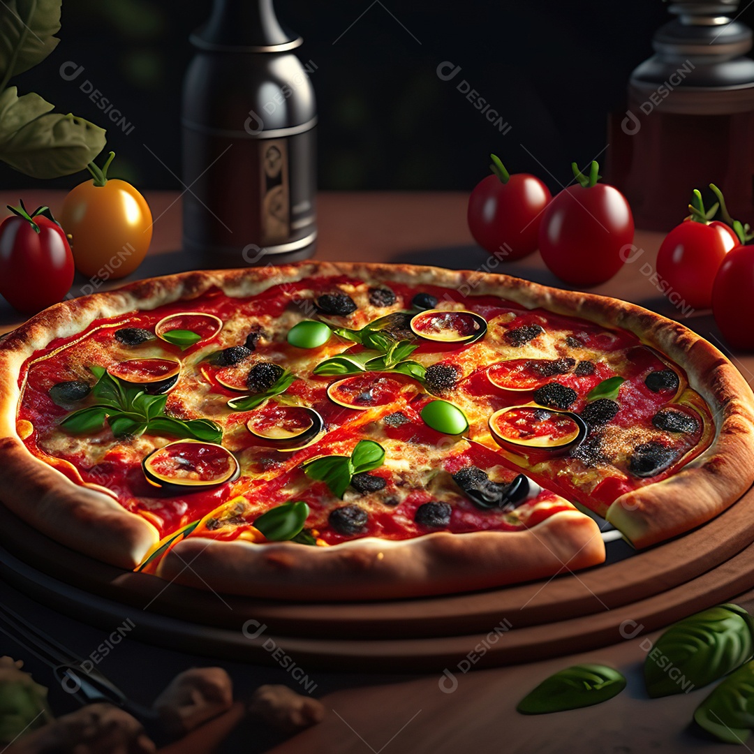 Retrato realista de pizza sobre uma mesa de madeira