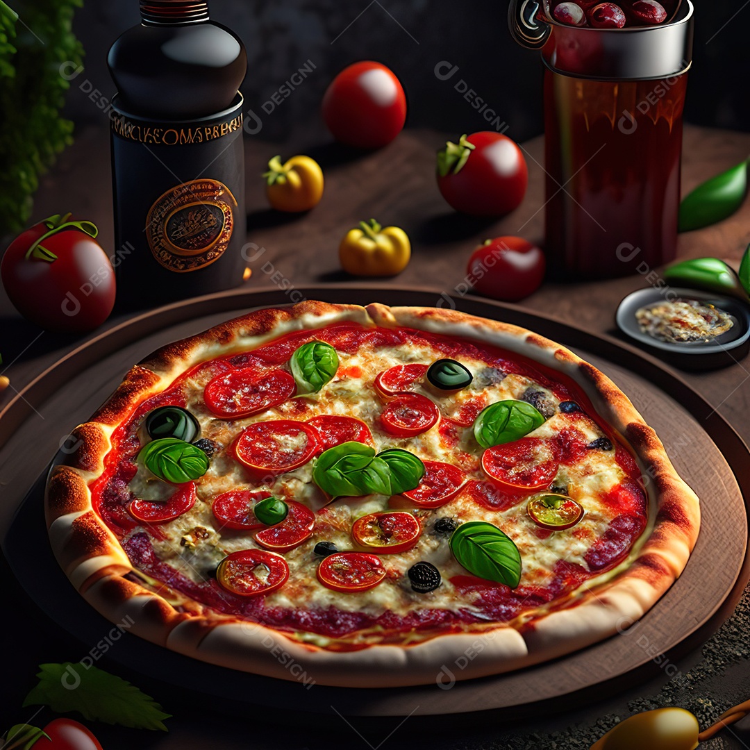 Retrato realista de pizza sobre uma mesa de madeira