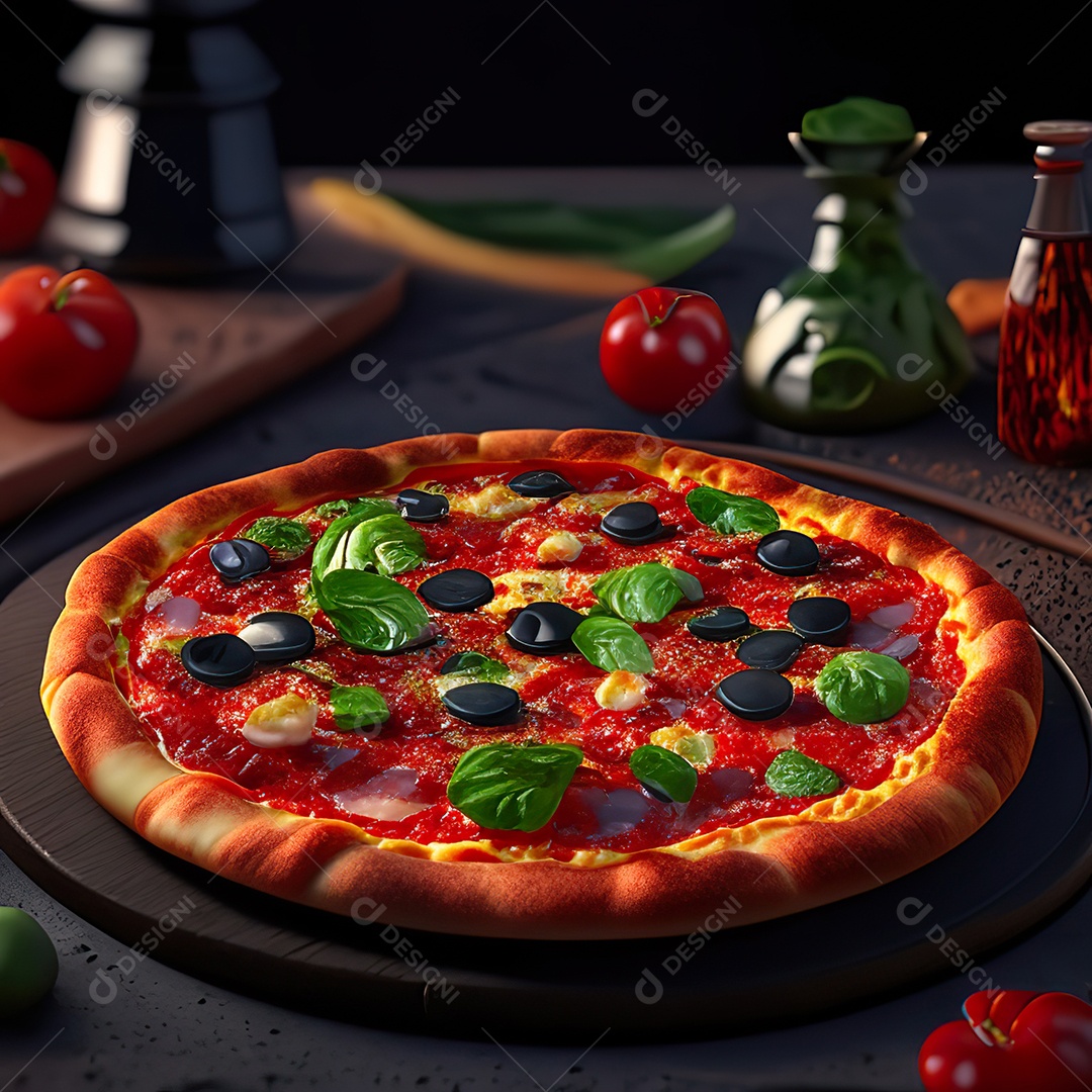 Retrato realista de pizza sobre uma mesa de madeira