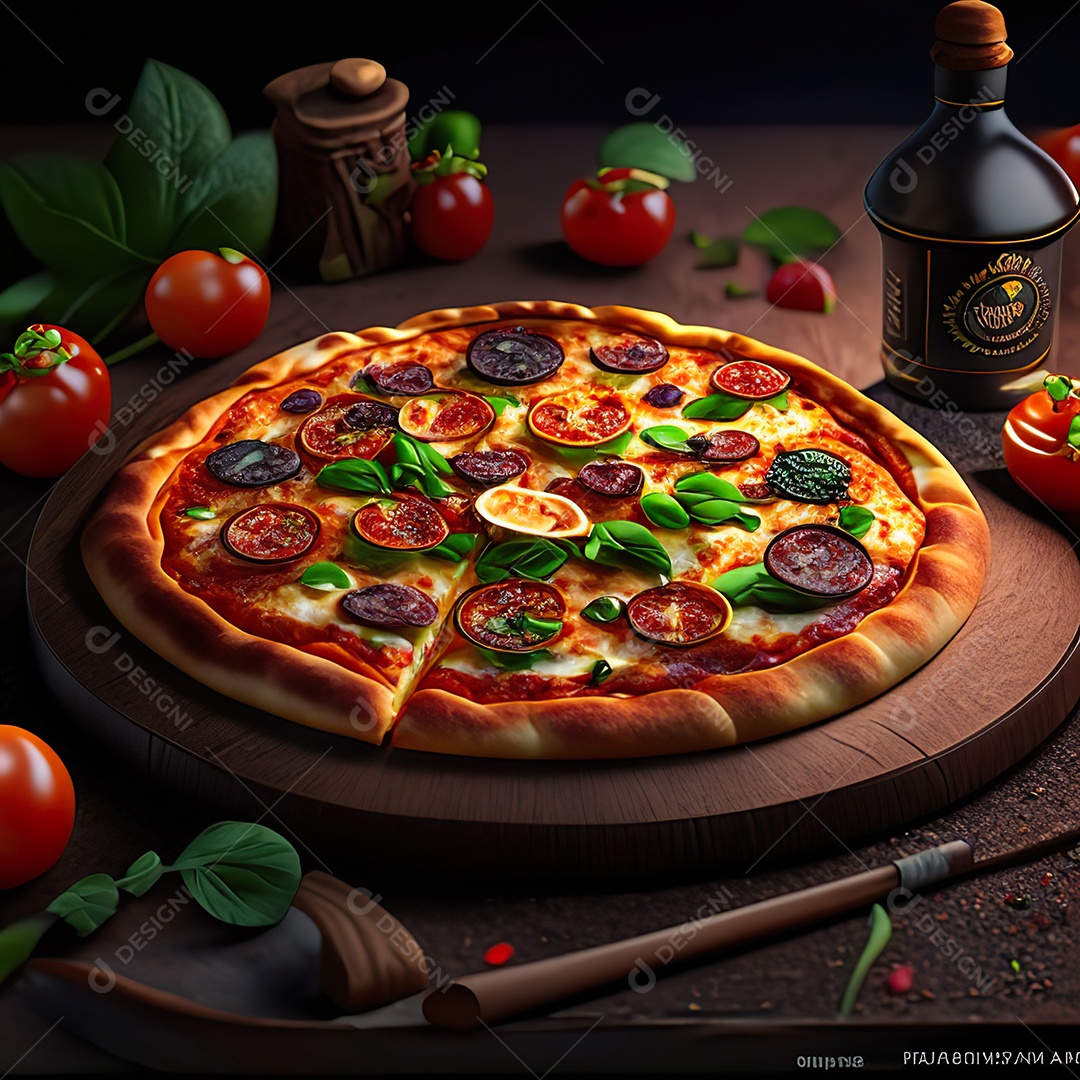 Retrato realista de pizza sobre uma mesa de madeira