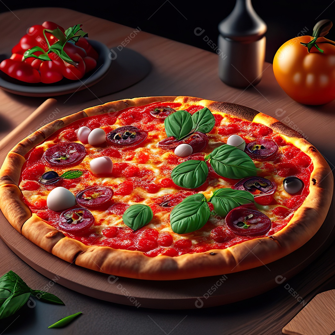 Retrato realista de pizza sobre uma mesa de madeira