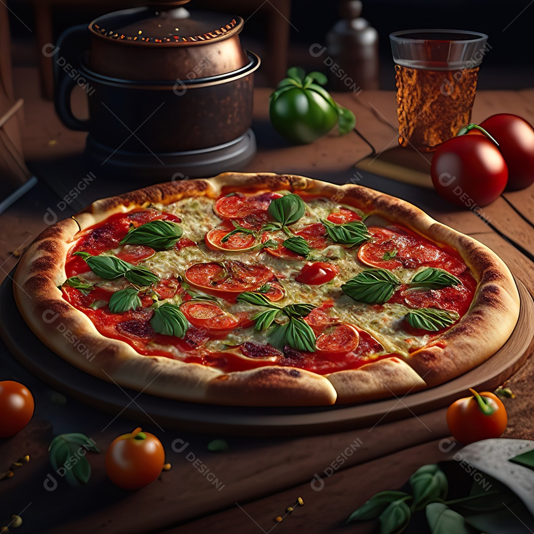 Retrato realista de pizza sobre uma mesa de madeira